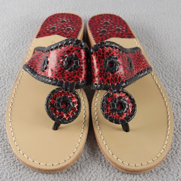 JACK ROGERS 1960 Navajo Red/Blk BOATING JACKS METALLIC LEATHER THONG SANDALS ANB - Picture 1 of 3